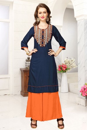 Admirable Navy Blue Rayon Embroidered Kurti