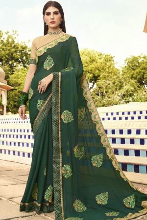 Supreme Green Georgette Embroidered Saree With Banglori Silk Blouse