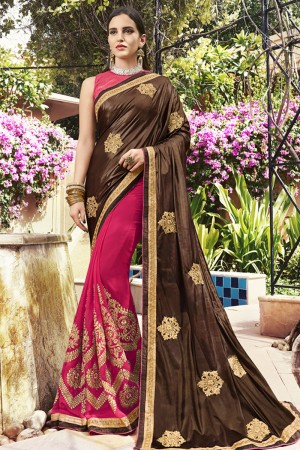 Graceful Brown and Pink Art Silk Embroidered Saree With Banglori Silk Blouse
