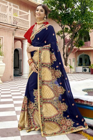 Excellent Navy Blue and Golden Georgette Embroidered Wedding Saree With Banglori Silk Blouse