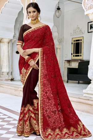 Classic Red and Maroon Georgette Embroidered Wedding Saree