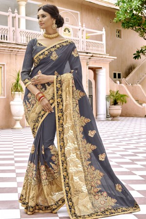 Admirable Grey Georgette Embroidered Wedding Saree