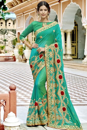 Ultimate Turquoise Georgette Embroidered Wedding Saree With Banglori Silk Blouse