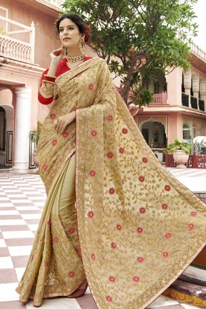 Gorgeous Beige Georgette Embroidered Wedding Saree With Banglori Silk Blouse