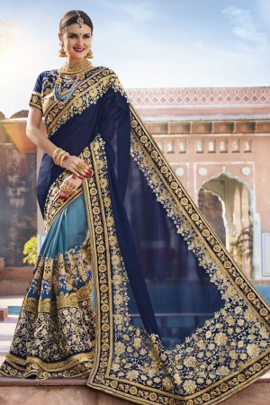 Lovely Navy Blue Georgette and Net Embroidered Wedding Saree With Banglori Silk Blouse