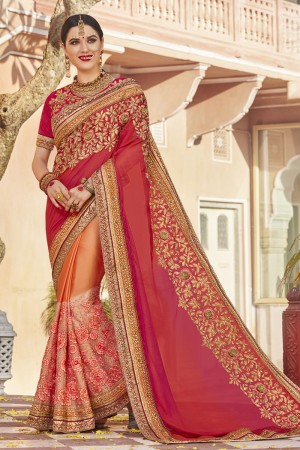 Admirable Peach Art Silk and Net Embroidered Wedding Saree