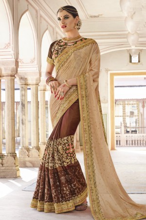 Gorgeous Beige and Brown Art Silk and Georgette Embroidered Wedding Saree