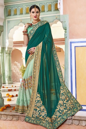 Classic Green Silk and Net Embroidered Wedding Saree