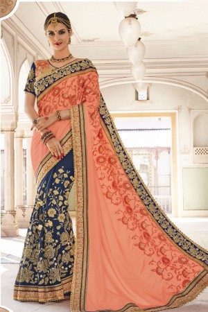 Stylish Peach and Blue Georgette and Art Silk Embroidered Wedding Saree With Banglori Silk Blouse