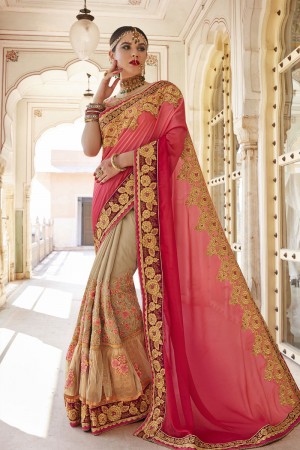 Optimum Pink and Beige Net, Silk and Georgette Embroidered Wedding Saree With Banglori Silk Blouse
