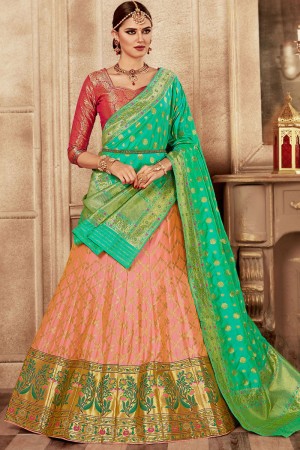 Gorgeous Turquoise and Peach Banarasi Silk Jaquard Work Work Designer Lehenga Choli