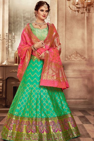 Lovely Pink and Turquoise Banarasi Silk Jaquard Work Work Lehenga Choli