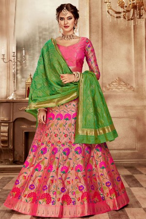 Beautiful Peach Banarasi Silk Jaquard Work Designer Lehenga Choli