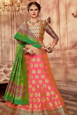 Pretty Peach Banarasi Silk Jaquard Work Designer Lehenga Choli
