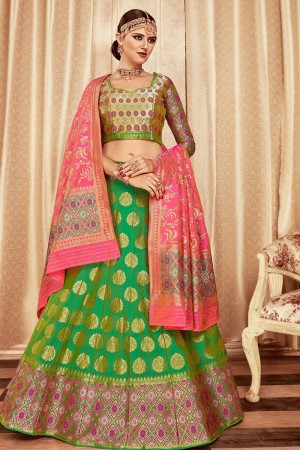 Stylish Green Banarasi Silk Jaquard Work Work Designer Lehenga Choli