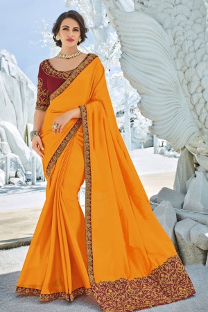 Beautiful Mustard Georgette Embroidered Party Wear Saree