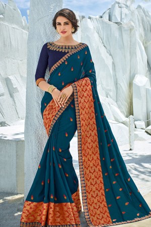 Gorgeous Teal Silk Embroidered Party Wear Saree