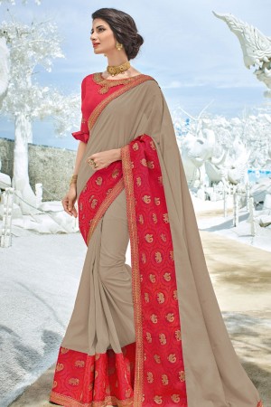 Excellent Beige and Red Silk Embroidered Party Wear Saree With Silk Blouse