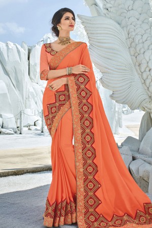 Classic Orange Georgette Embroidered Party Wear Saree With Silk Blouse