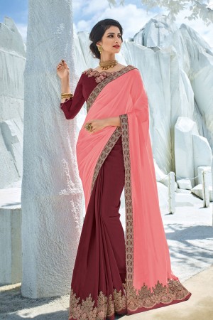 Gorgeous Pink and Maroon Silk and Georgette Embroidered Party Wear Saree With Silk Blouse