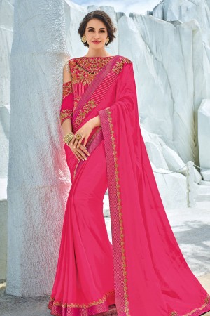 Graceful Pink Georgette Embroidered Party Wear Saree With Silk Blouse