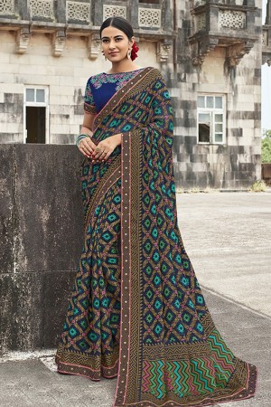 Lovely Blue Brasso Silk Party Wear Printed Saree