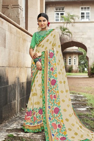 Desirable Cream Brasso Silk Party Wear Printed Saree With Silk Blouse