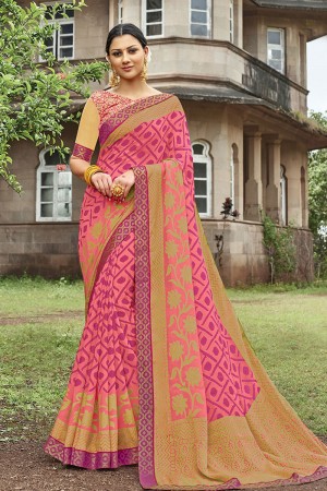 Supreme Pink and Beige Brasso Silk Party Wear Printed Saree With Silk Blouse