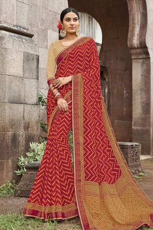 Graceful Red Brasso Silk Party Wear Printed Saree