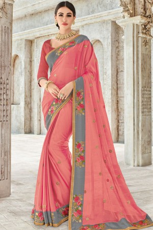 Lovely Peach Chiffon Embroidered Party Wear Saree With Silk Blouse