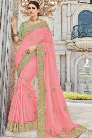 Pretty Peach Silk Embroidered Party Wear Saree With Silk Blouse