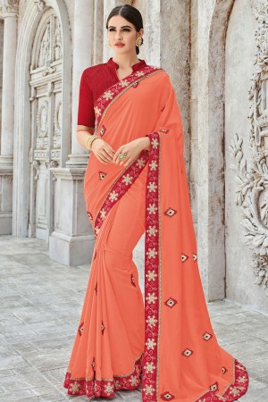 Ultimate Orange Silk Embroidered Party Wear Saree With Silk Blouse
