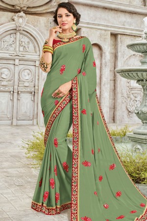Optimum Green Georgette Embroidered Party Wear Saree With Silk Blouse
