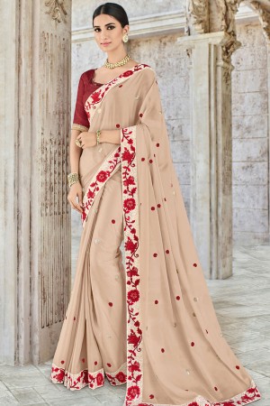 Graceful Beige Georgette Party Wear Embroidered Saree With Silk Blouse