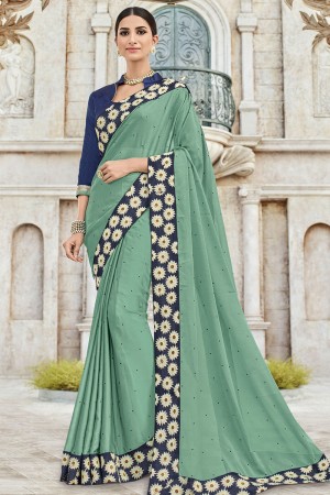 Excellent Green Georgette Embroidered Party Wear Saree With Silk Blouse