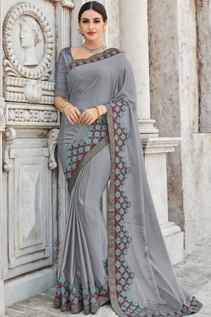 Stylish Grey Georgette Embroidered Party Wear Saree With Silk Blouse