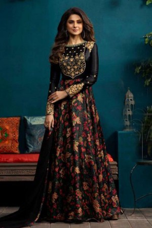 Jennifer Winget Excellent Black Silk and Georgette Embroidered Designer Plazo Salwar Suit With Chiffon Dupatta