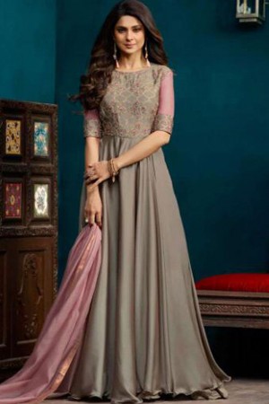 Jennifer Winget Lovely Grey Silk and Georgette Embroidered Designer Plazo Salwar Suit With Chiffon Dupatta