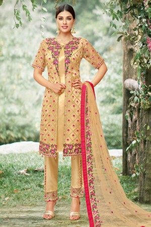Excellent Golden Net Embroidered Salwar Suit
