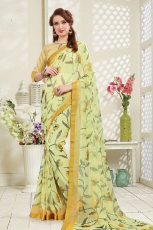 Classic Yellow Brasso Printed Party Wear Saree With Banglori Silk Blouse