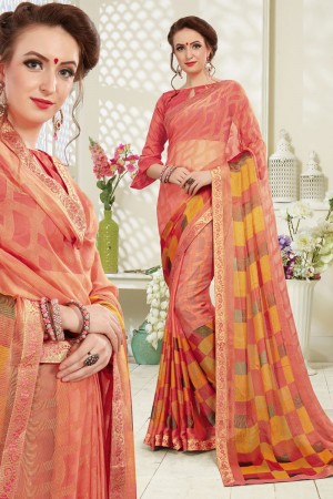 Desirable Peach Brasso Printed Party Wear Saree With Banglori Silk Blouse