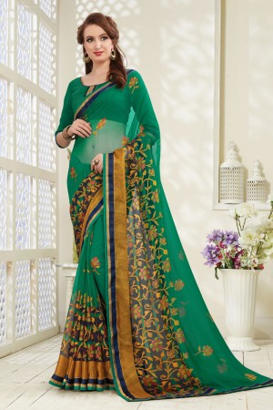 Lovely Green Brasso Printed Party Wear Saree With Banglori Silk Blouse