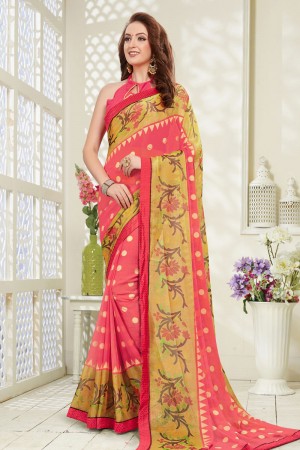 Ultimate Pink Brasso Printed Party Wear Saree With Banglori Silk Blouse