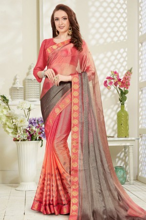 Graceful Peach Brasso Printed Party Wear Saree With Banglori Silk Blouse