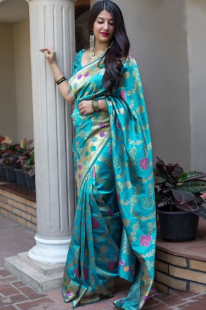 Desirable Sky Blue Banarasi Silk Jaquard Work Designer Saree With Banglori Silk Blouse