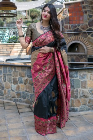 Lovely Black Banarasi Silk Jaquard Work Designer Saree With Banglori Silk Blouse