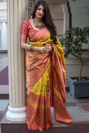Admirable Mustard Banarasi Silk Jaquard Work Designer Saree With Banglori Silk Blouse