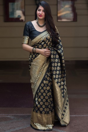 Classic Black Banarasi Silk Designer Jaquard Work Saree With Banglori Silk Blouse