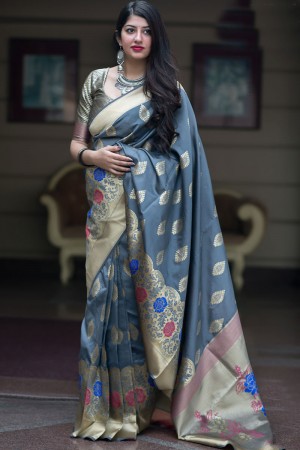 Excellent Grey Banarasi Silk Jaquard Work Designer Saree With Banglori Silk Blouse