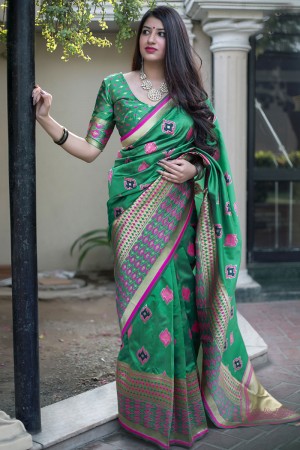 Optimum Green Banarasi Silk Jaquard Work Designer Saree With Banglori Silk Blouse